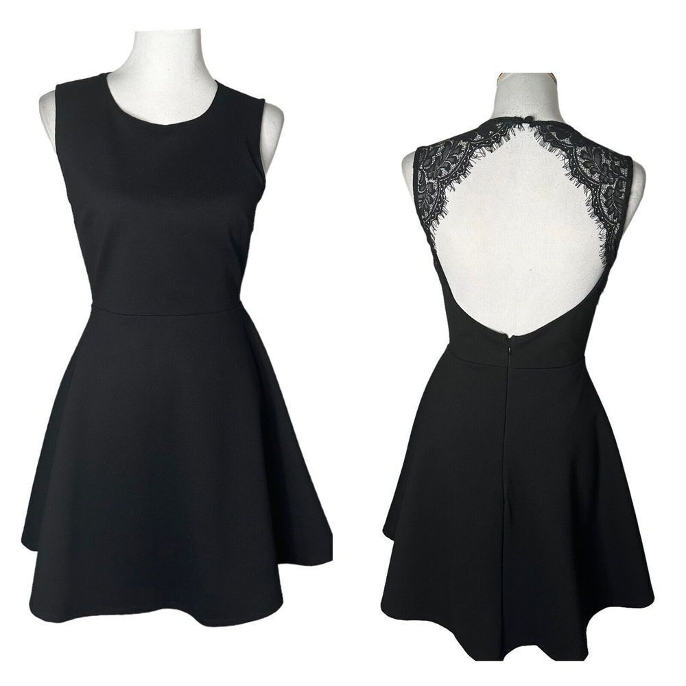 Lulus Mini Dress Womens M Black Floral Lace Open Back Skater Flowy Goth Fairy